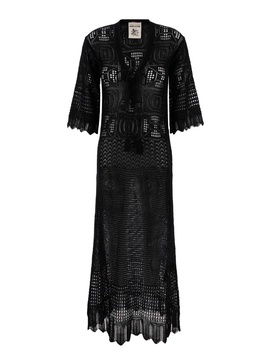 Long Black Dress with Lace-Up Closure in Cotton Lace Woman