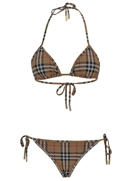 Beige Bikini with Vintage Check Motif in Stretch Nylon Woman