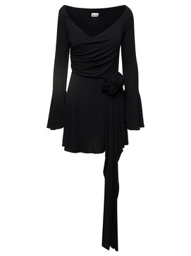 Black Fluted Mini Dress with Rose-Appliquè in Viscose Woman