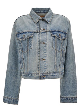 Light Blue Cropped Jacket with Logo Patch at the Back in Cotton Denim Woman