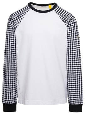 White Long Sleeve T-Shirt with Houndstooth Pattern on Sleeves in Cotton Man