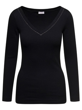 Black V-neck Pullover With Beads Detailing In Stretch Cotton Woman