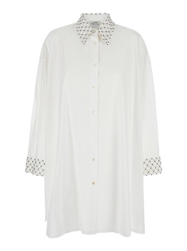 White Maxi Shirt with Pearls Decoration in Cotton Woman