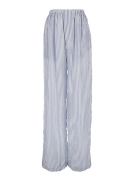 Light Blue and White Striped Pants with Logo Lettering Embroidery in Cupro Woman