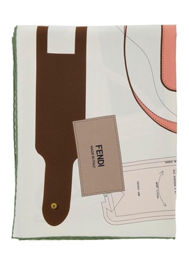 Beige and Brown Square Foulard with Fendi Baguette Motif in Silk Twill Woman