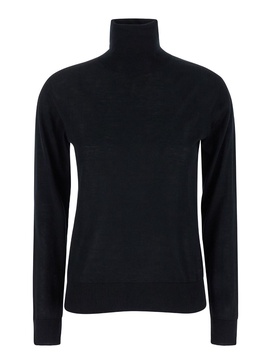 Black High Neck Pullover with Ribbed Trim in Wool Woman