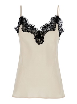 'Coco' Pearl White Camie Top with Black Lace Trim in Silk Woman