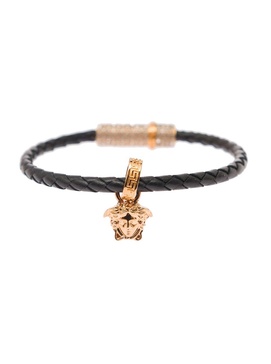 Gold-tone Medusa Pendant Bracelet in Black Leather Woman