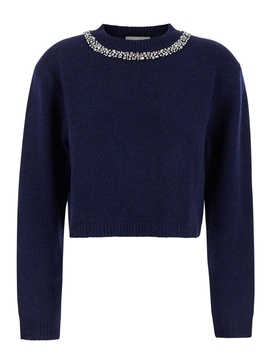 Blue Crewneck Sweater with Crystal Embellishments on the Neck in Wool and Cashmere Blend Woman