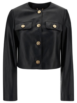 Black Cropped Jacket With Medusa Bottons In Leather Woman