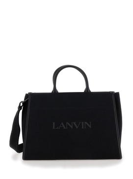 Black Medium Tote Bag with Logo Detail in Cotton Man