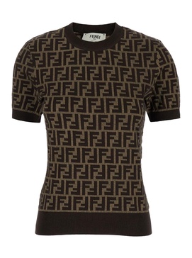 Brown T-Shirt with Short Sleeves and All-Over FF Motiv in Cotton Woman