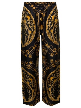 Black Loose Pants with All-Over Graphic Print in Silk Man