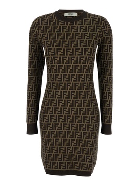 Brown Crewneck Short Dress with All-Over FF Motiv in Cotton Woman