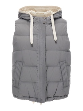 Grey Hooded Padded Gilet In Technical Fabric Woman