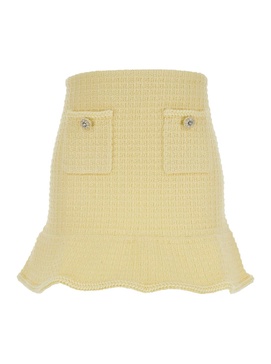 Mini Yellow Skirt With Flounce And Jewel Buttons In Tweed Woman