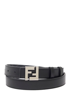 'FF Squared' Black Reversible Belt in Leather and Canvas Man