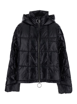 Black Down Jacket with Hood and Logo Lettering on the Front in Tech Fabric Woman