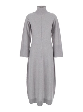 'Diomede' Long Grey Dress with High Neck in Wool Blend Woman