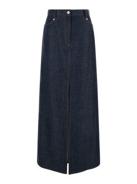 Maxi Blue Skirt With Contrasting Stitching In Cotton Denim Woman