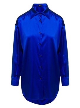 Blue Relaxed Shirt with Pointed Collar in Stretch Silk Woman