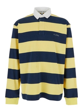 Yellow Polo Shirt with Logo Lettering on the Front and All-Over Striped Motif in Cotton Man