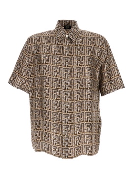 Light Brown All-Over Logo Print Shirt in Silk Man