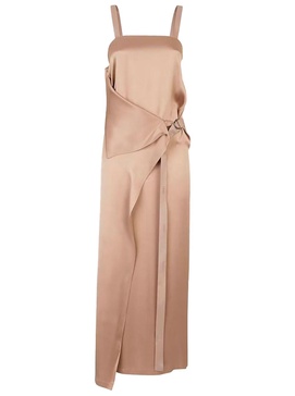 Long Beige Wrap Dress with Branded Ribbon in Silk Woman