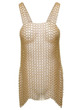 Gold-Tone Mini Dress with Shoulders Straps and Side Splits in Metal Mesh Woman