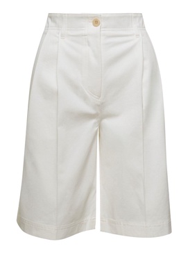 White Twill Pleated Bermuda Shorts In Cotton Woman