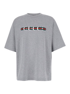 Grey Crewneck T-Shirt with Web Print on the Front in Cotton Man