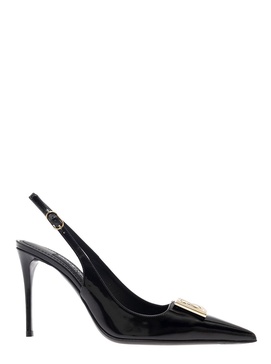 Black Slingback Pumps With Metal Dg Patch In Shiny Leather Woman