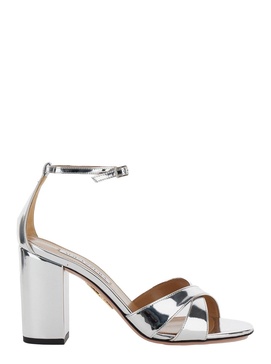 'Divine' Silver Sandals with Block Heel in Laminated Leather Woman