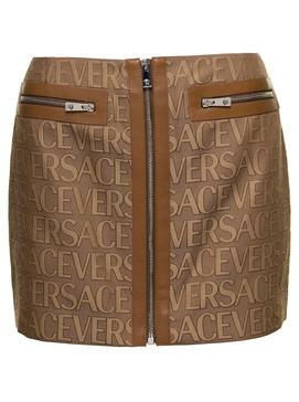 Brown Mini -Skirt with All-Over Logo Lettering Print in Canvas Woman