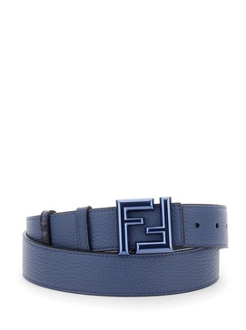 Blue Reversible Belt with FF Rounded Buckle in Leather and Canvas Woman