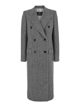 Grey Long Double-breasted Coat With Chevron Motif In Wool Blend Woman