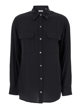 'signature' Black Shirt With Patch Pockets In Silk Woman