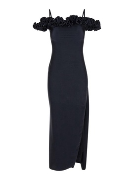 Long Black Dress With Ruffles In Stretch Fabric Woman