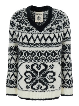 'bess' White And Black Sweater With With Intarsia Knit Anc V-neck In Wool And Alpaca Blend Woman