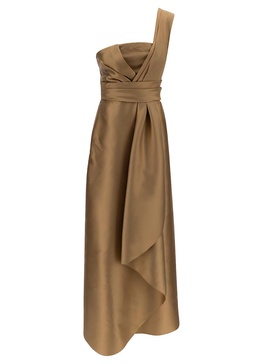 'mikado' Beige Maxi One-shoulder Draped Dress In Satin Woman