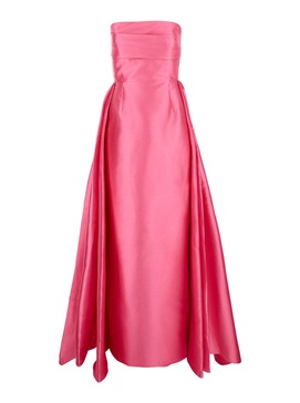 'Tiffany' Long Pink Dress With Pleated Detail And Train In Satin Woman