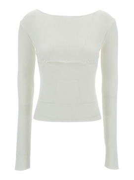 White Ribbed Top With Boat Neckline And Buttons In Rayon Blend Woman