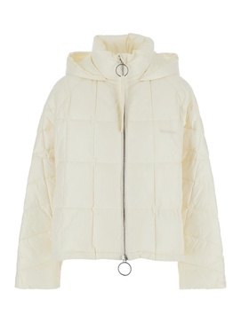 White Down Jacket With Hood And Logo Lettering On The Front In Tech Fabric Woman