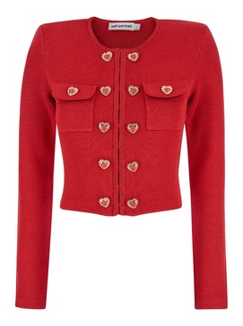 Red Cardigan with Round Neck and Heart Shaped Buttons in Cotton Blend Woman