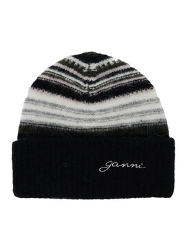 Black Beanie with Logo Lettering and Striped Motif in Wool Blend Stretch Woman