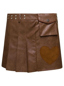 'arina' Brown Pleated Mini Skirt With Heart And Patch Pocket Detail In Faux Leather Woman