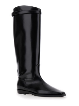 The Riding Boot Black Knee-high Boots With Embossed Logo In Leather Woman