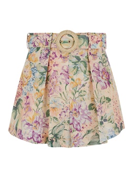 Multicolor Belted Shorts with All-Over Floreal Print in Linen Woman