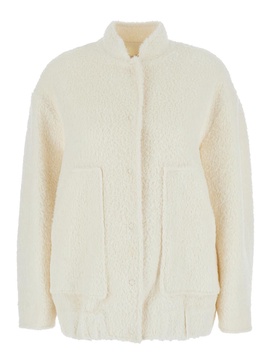 White Bomber Jacket With Elastic Waist In Wool Woman