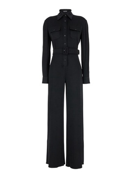 Black Jumpsuit With Buttons And Adjustable Belt In Stretch Satin Woman